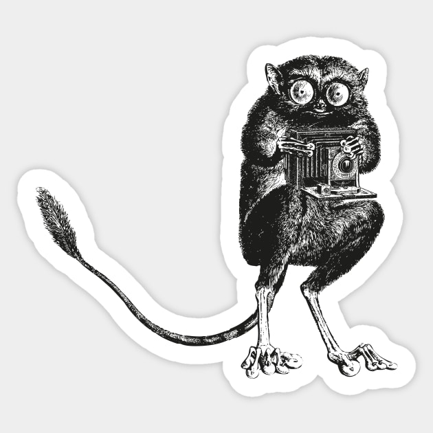 Say Cheese! | Tarsier with Vintage Camera | Bellows Camera | Black and White | Anthropomorphic | Sticker by Eclectic At Heart